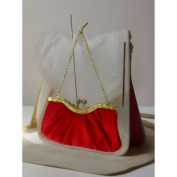 Jessica McClintock Red Satin Clutch Purse Gold Chain Snap closure with bling - Picture 2 of 9